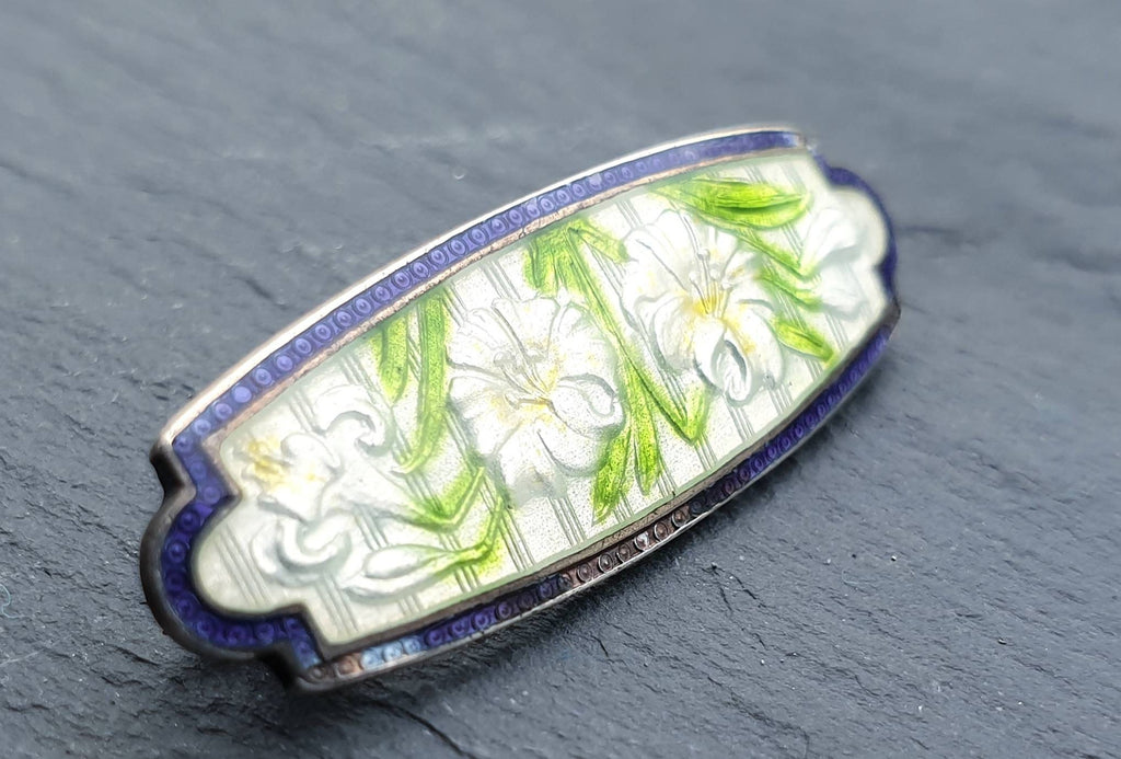 Antique Georgian Enamel BROOCH - White Lillies on Sterling Silver - c 1787 - 5.3g