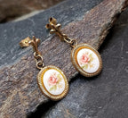 Vintage 9ct Gold Pink Rose EARRINGS - Dangly - 1g
