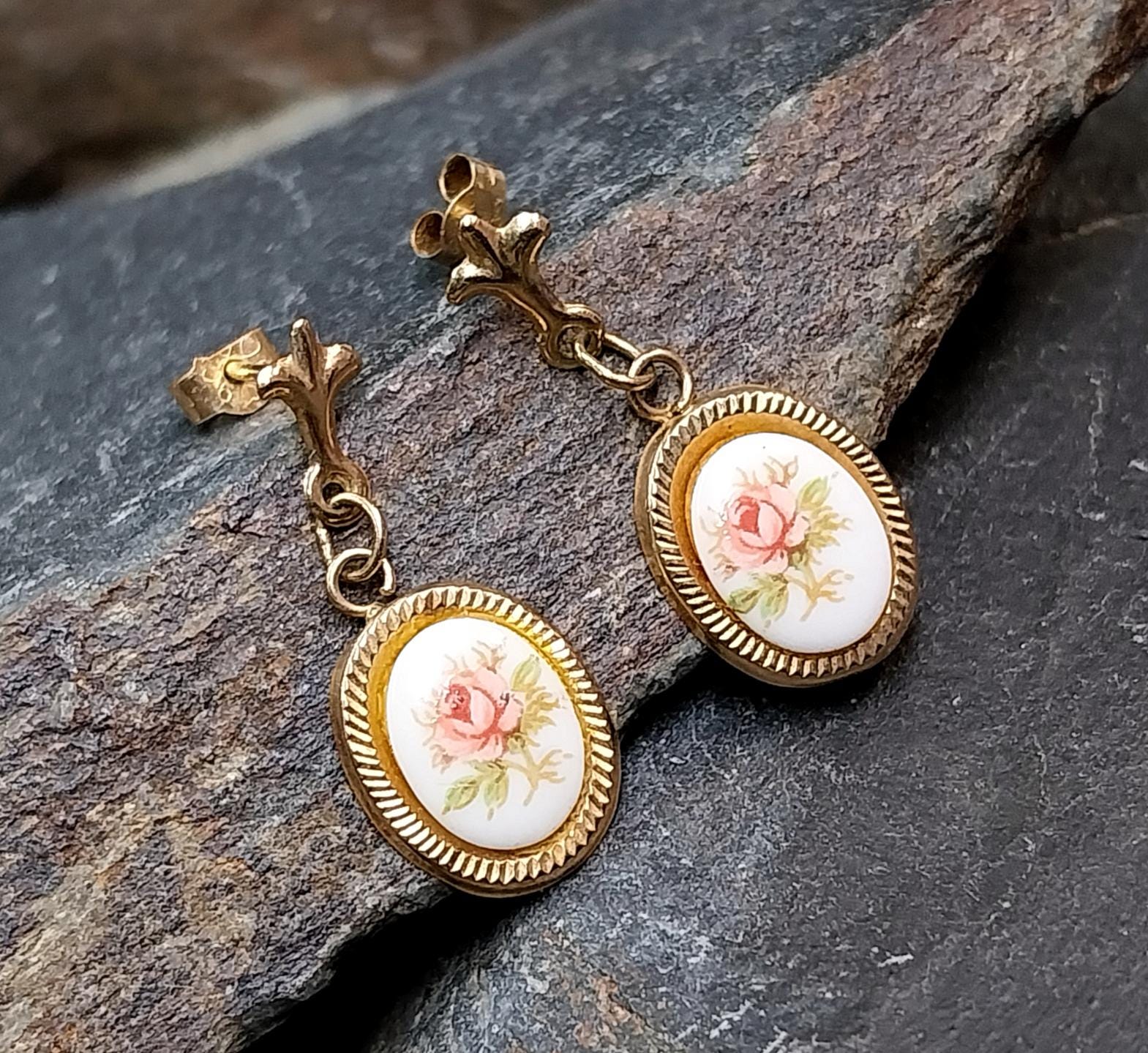 Vintage 9ct Gold Pink Rose EARRINGS - Dangly - 1g