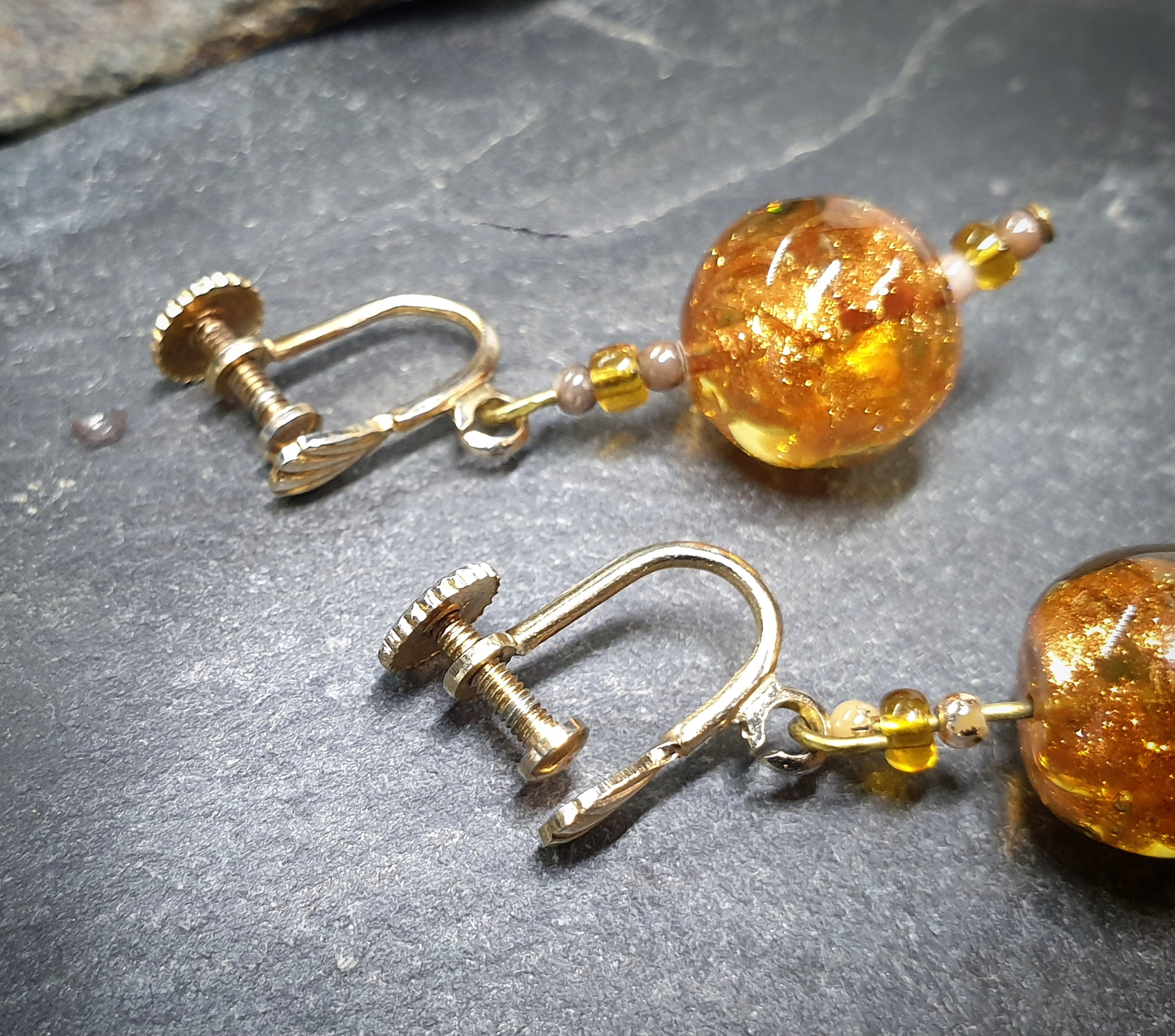 Antique EARRINGS Amber Murano Style Dangly - Screw Backs - 6.3g