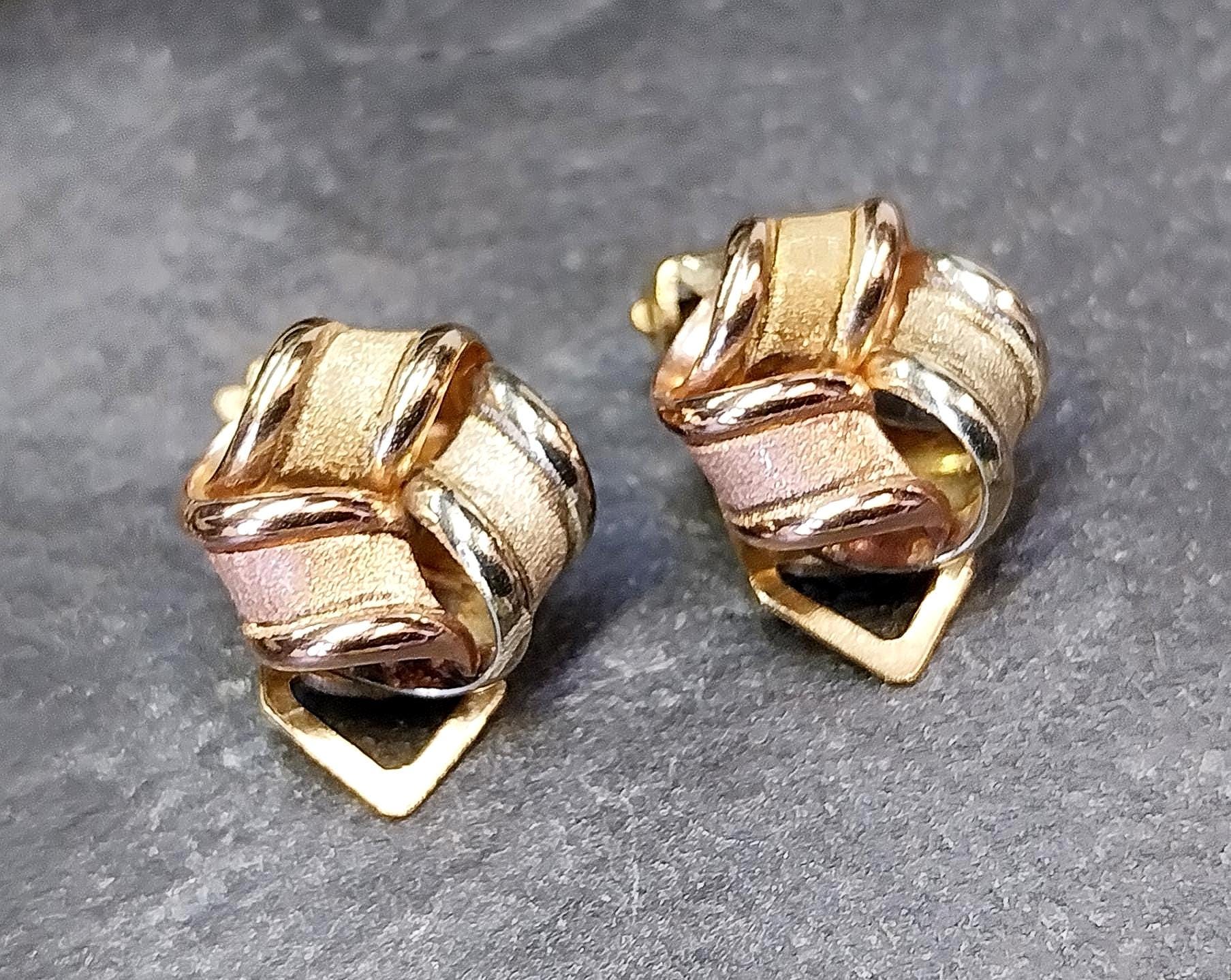 9ct Gold Frosted Ribbon Knot EARRINGS - Vintage Clip On - 4g