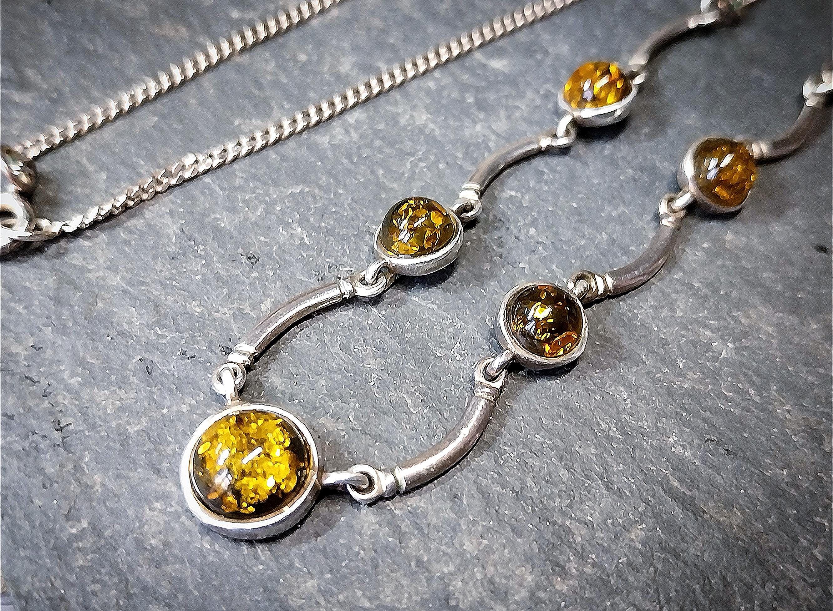 Vintage Sterling Silver Amber Chain Necklace 17" Length - 7g