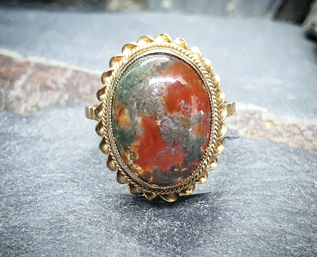 Vintage 9ct Gold MOSS AGATE Ring - Dendritic - Size uk N 1/2 (us 7) - 3.7g