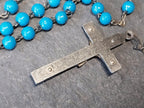 Vintage French BLUE ROSARY Beads, Old Prayer Beads and crucifix - 24" - 23g