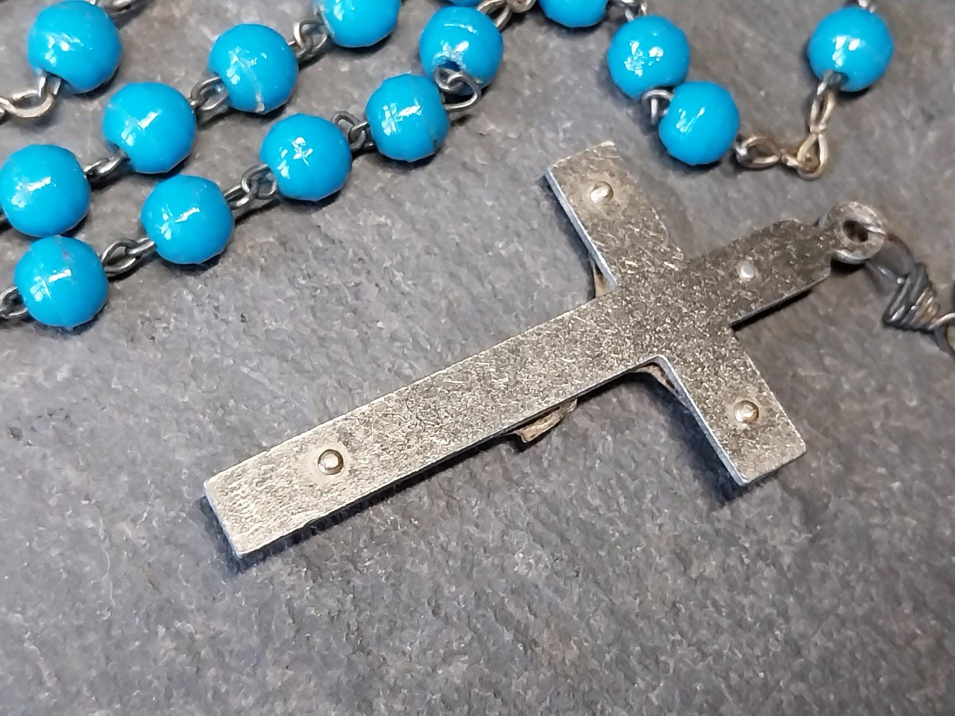 Vintage French BLUE ROSARY Beads, Old Prayer Beads and crucifix - 24" - 23g