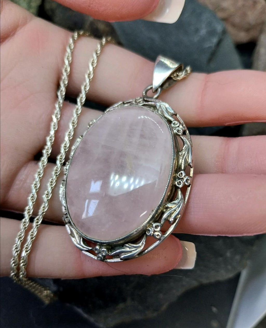 Vtg Large Sterling Silver ROSE QUARTZ  Pendant Necklace on 16" Chain - 21.2g