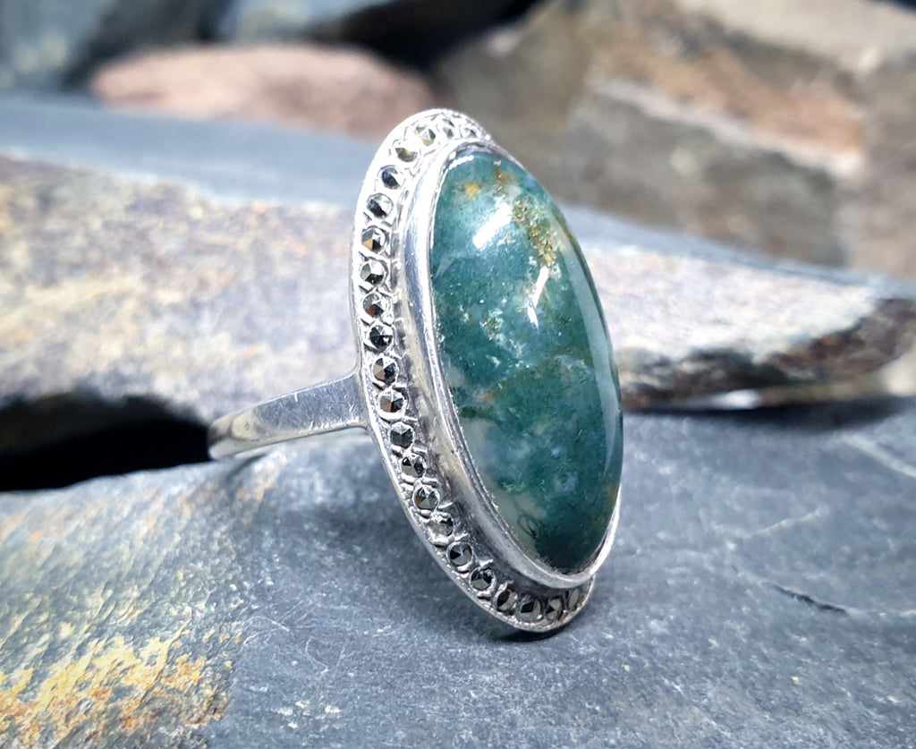 Vintage SILVER Moss Agate RING Dendritic Stone - uk size O (us 7) - 6.8g