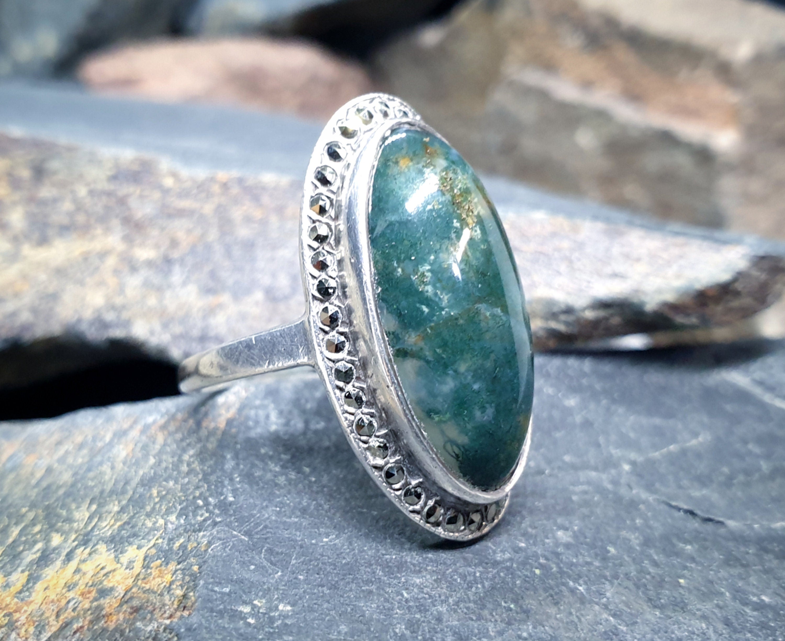 Vintage SILVER Moss Agate RING Dendritic Stone - uk size O (us 7) - 6.8g