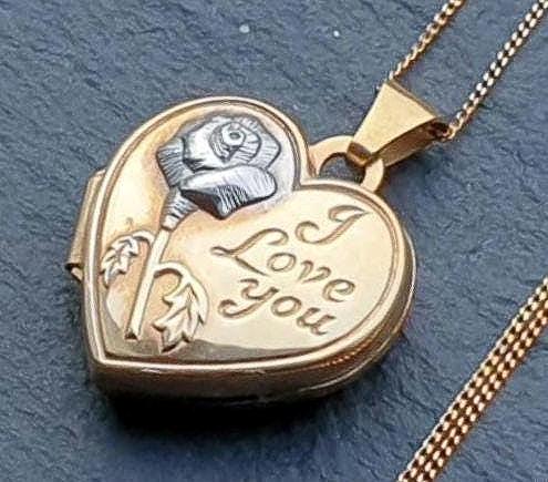 9ct GOLD HEART LOCKET with Single Rose & 18" Chain - Art Nouveau - 1.5g