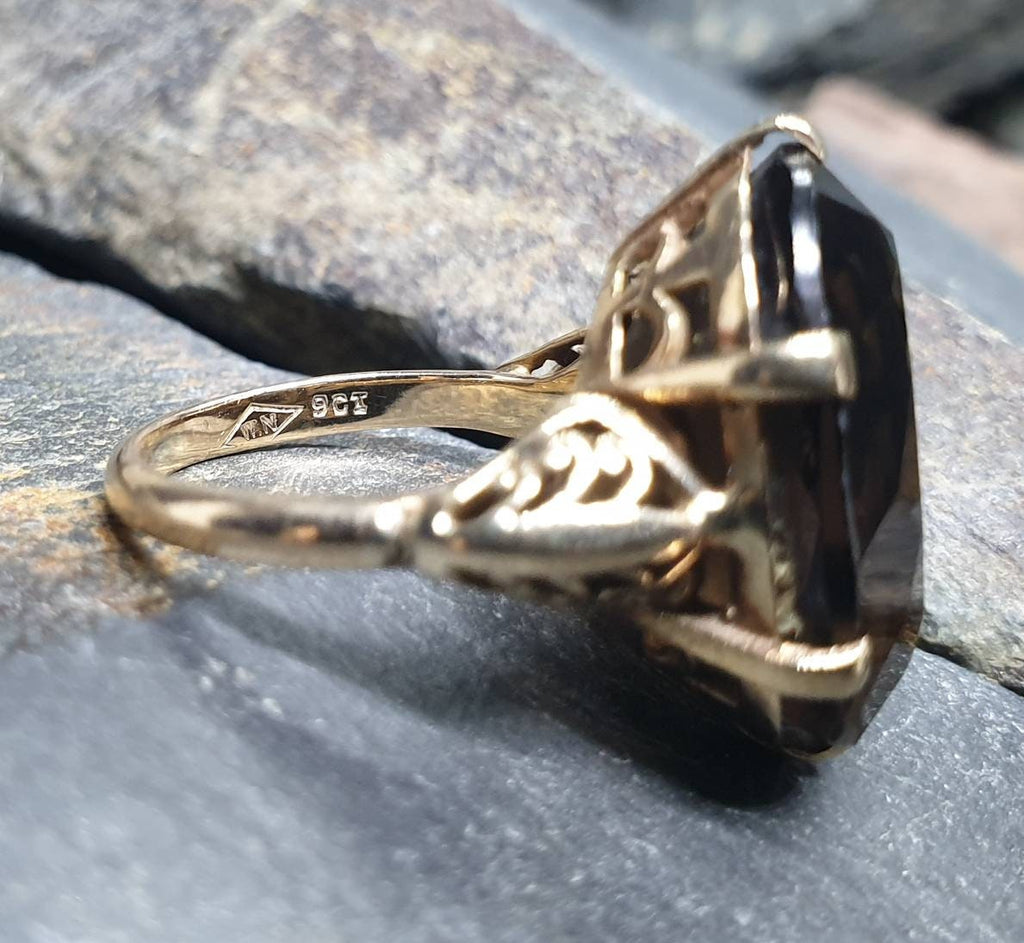 Huge Antique 9ct GOLD Smoky Quartz Ring - Size uk L (us 5.75) - 7.2g