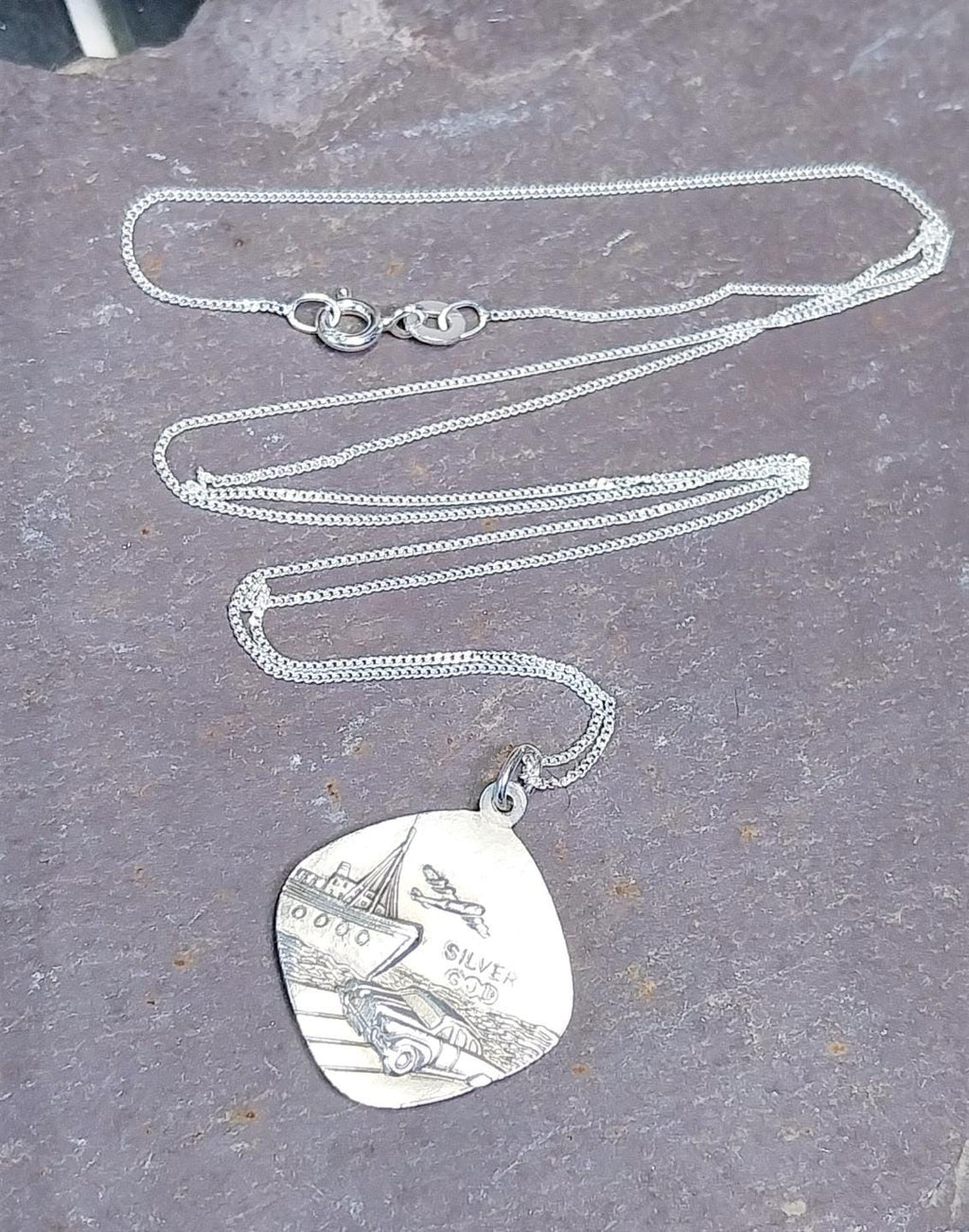 Georg Jensen St CHRISTOPHER pendant Necklace, Double Sided with Boat on 22" Chain - 5.7g