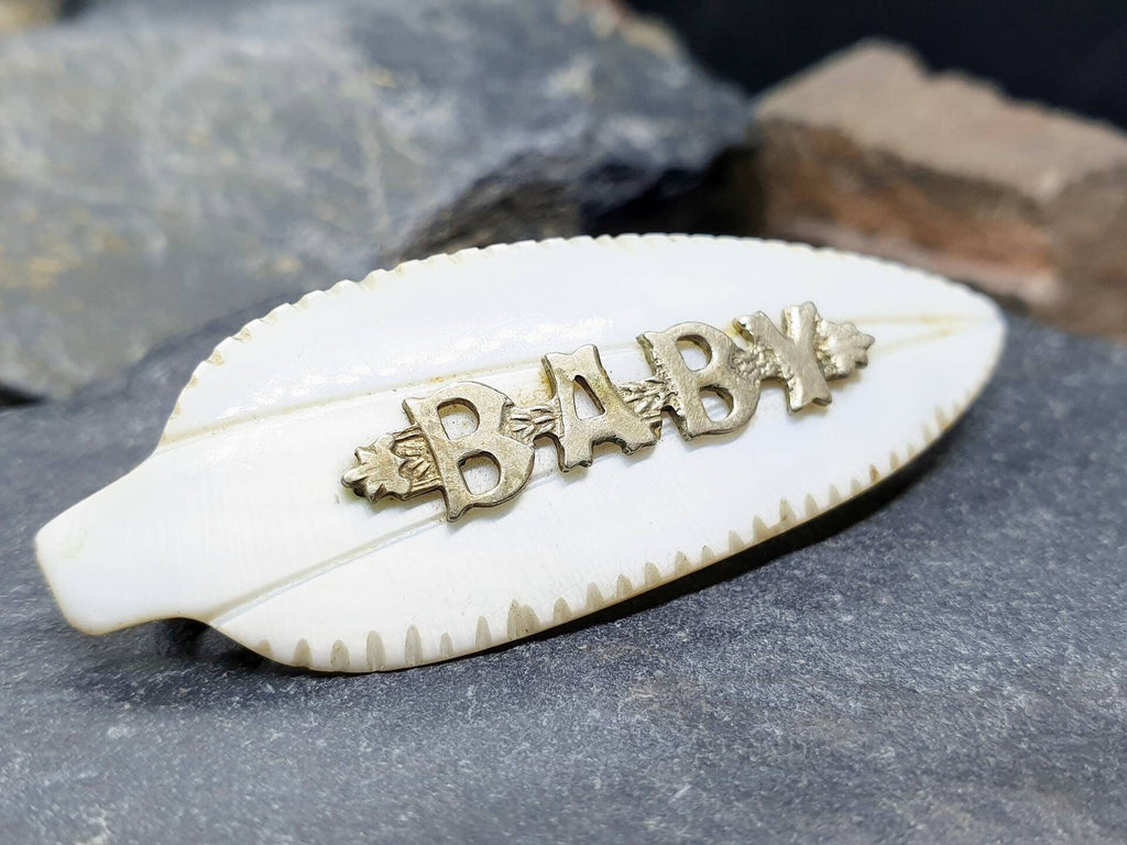 Antique BABY BROOCH - Mother of Pearl with Silver Word - Newborn