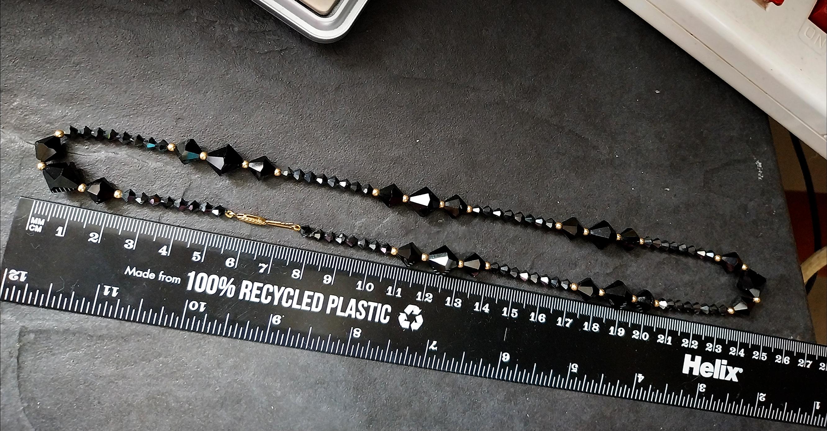 Vintage Jet Black Bead Necklace with 9ct gold spacers - 20" - 21.2g