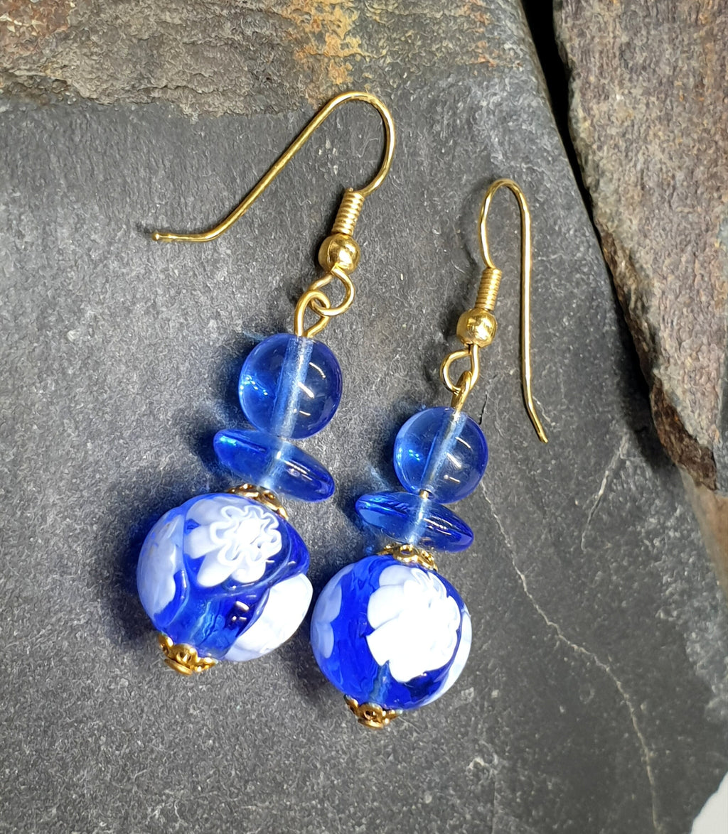 Vintage Murano Style Blue Bead EARRINGS - Long Dangling  - 8.5g