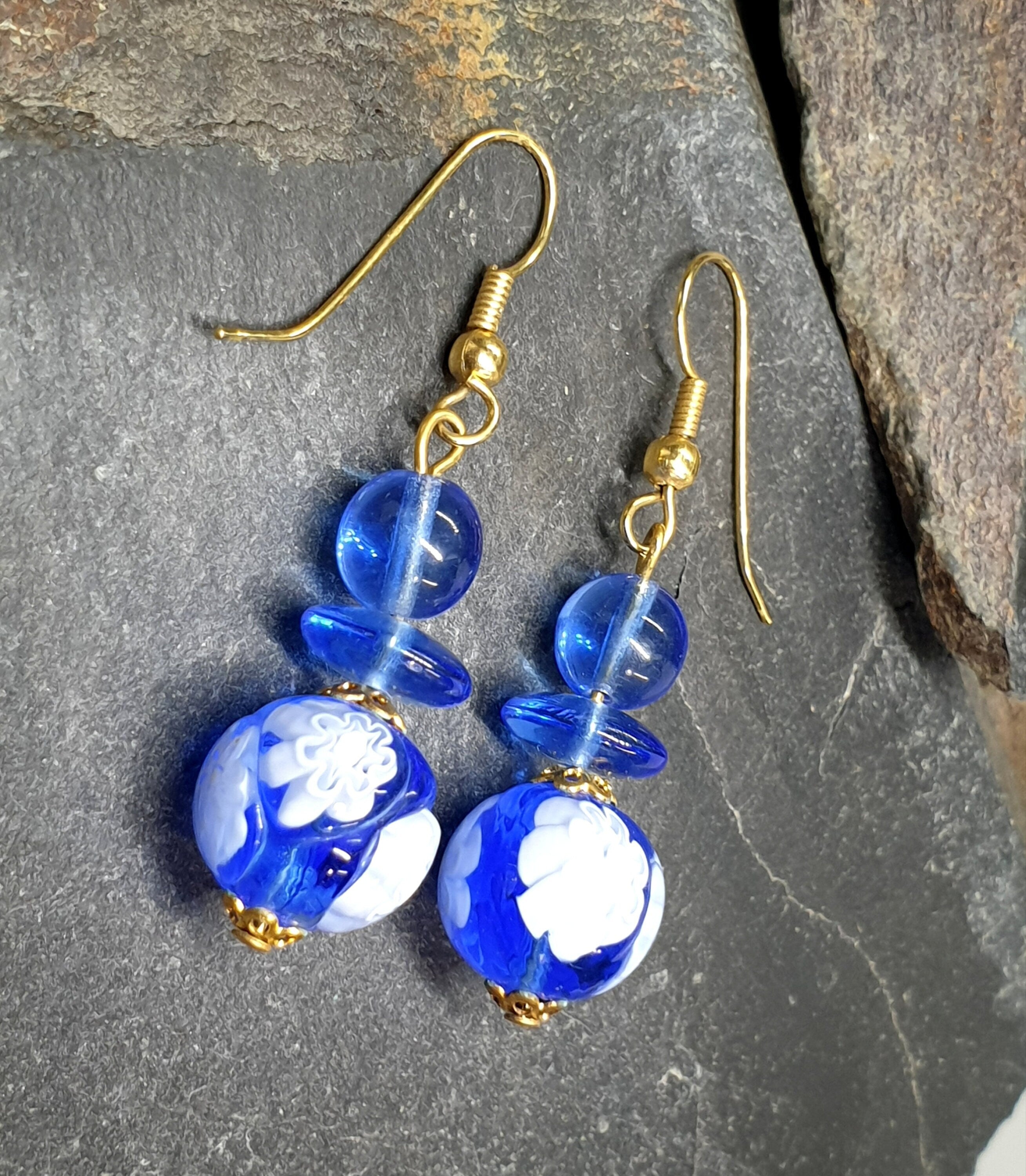 Vintage Murano Style Blue Bead EARRINGS - Long Dangling  - 8.5g