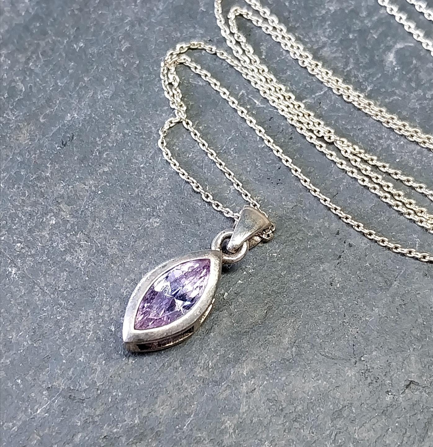 Sterling Silver Amethyst Drop Pendant Necklace  on 18" Chain - 3.5g