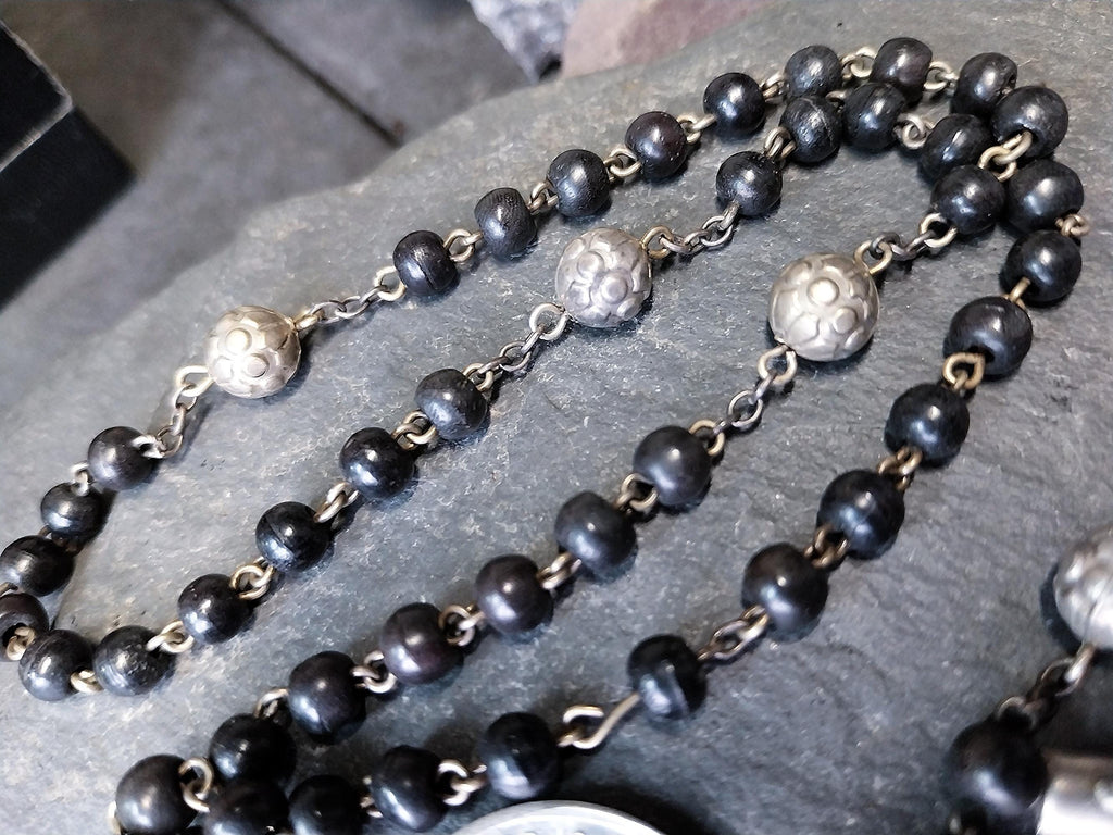 Vintage Small BLACK ROSARY BEADS with Crucifix - Short 14" - 13g