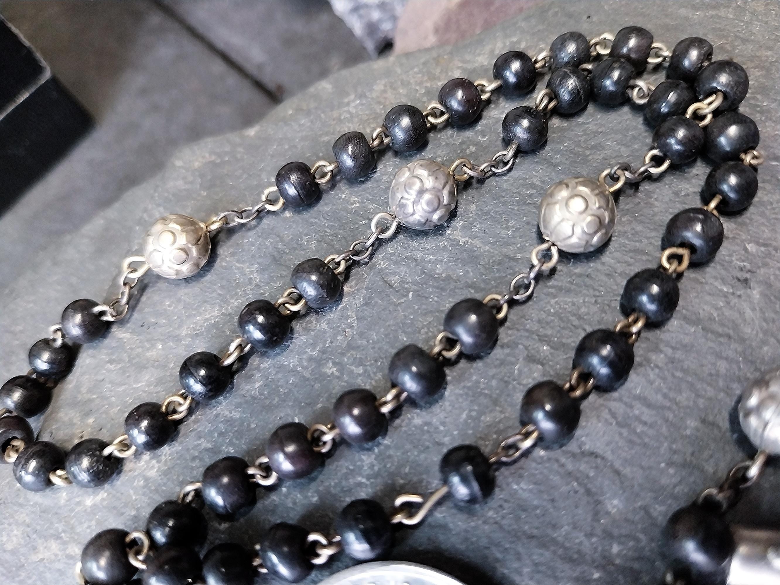 Vintage Small BLACK ROSARY BEADS with Crucifix - Short 14" - 13g