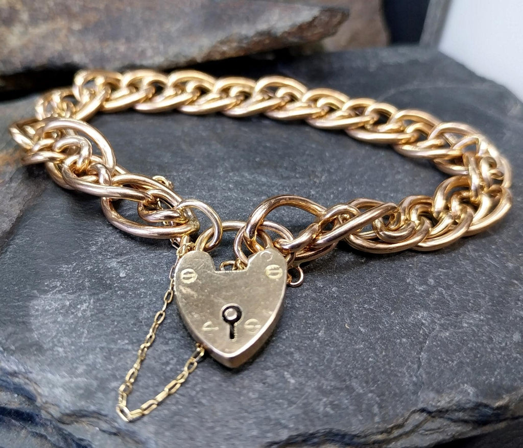 Antique 9ct Rose GOLD MULTI-LINK Bracelet & Heart Padlock Clasp - 13.4g