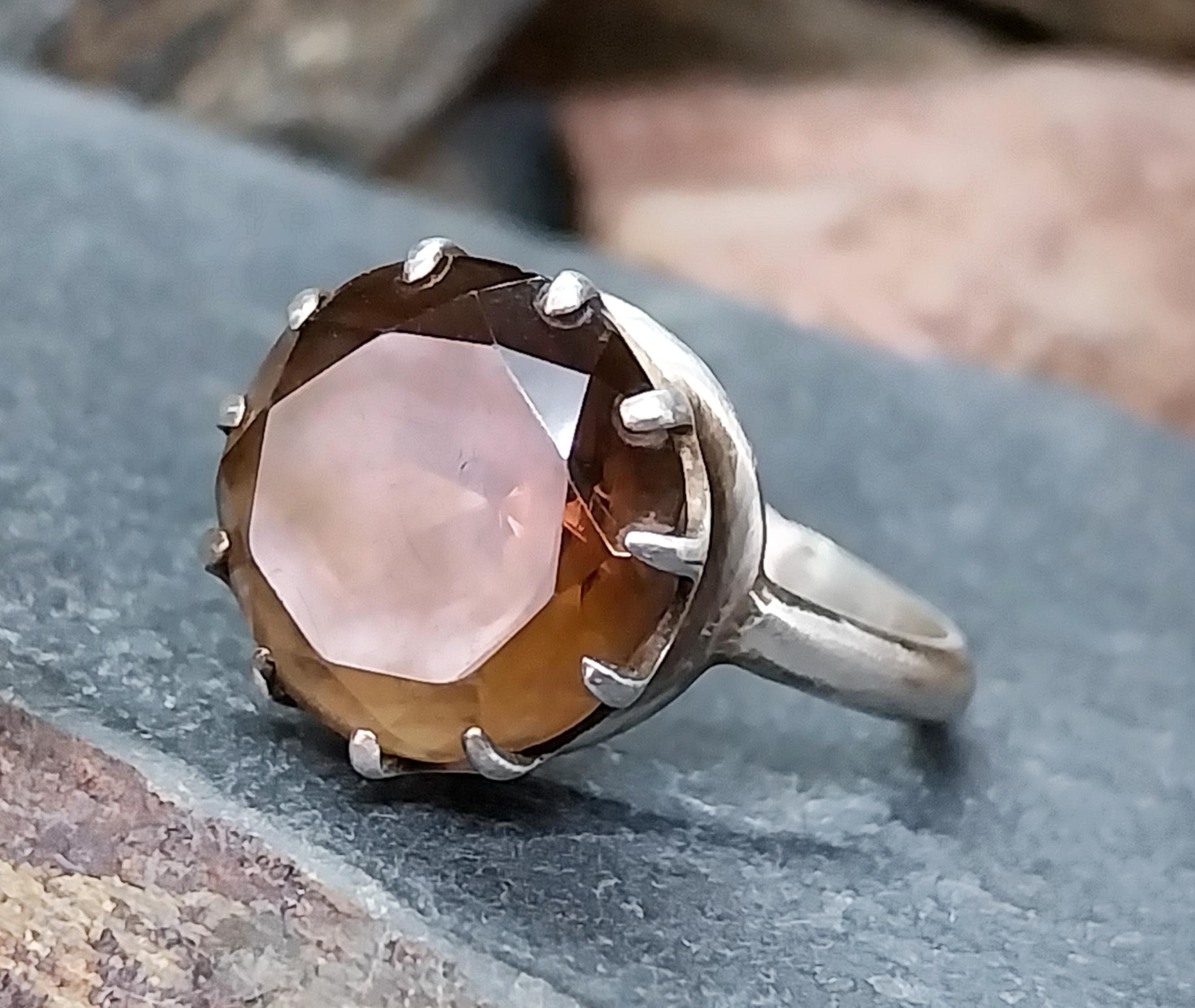 Vintage Sterling SILVER RING with large Smoky Quartz - size O 1/2 (us 7.5) - 3.6g