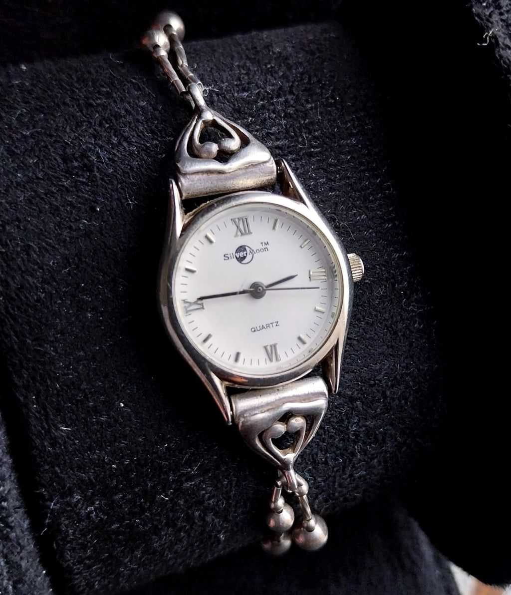 Vintage Sterling Silver Silver Moon WATCH - Bead Link bracelet Strap 18cm - 17.7g