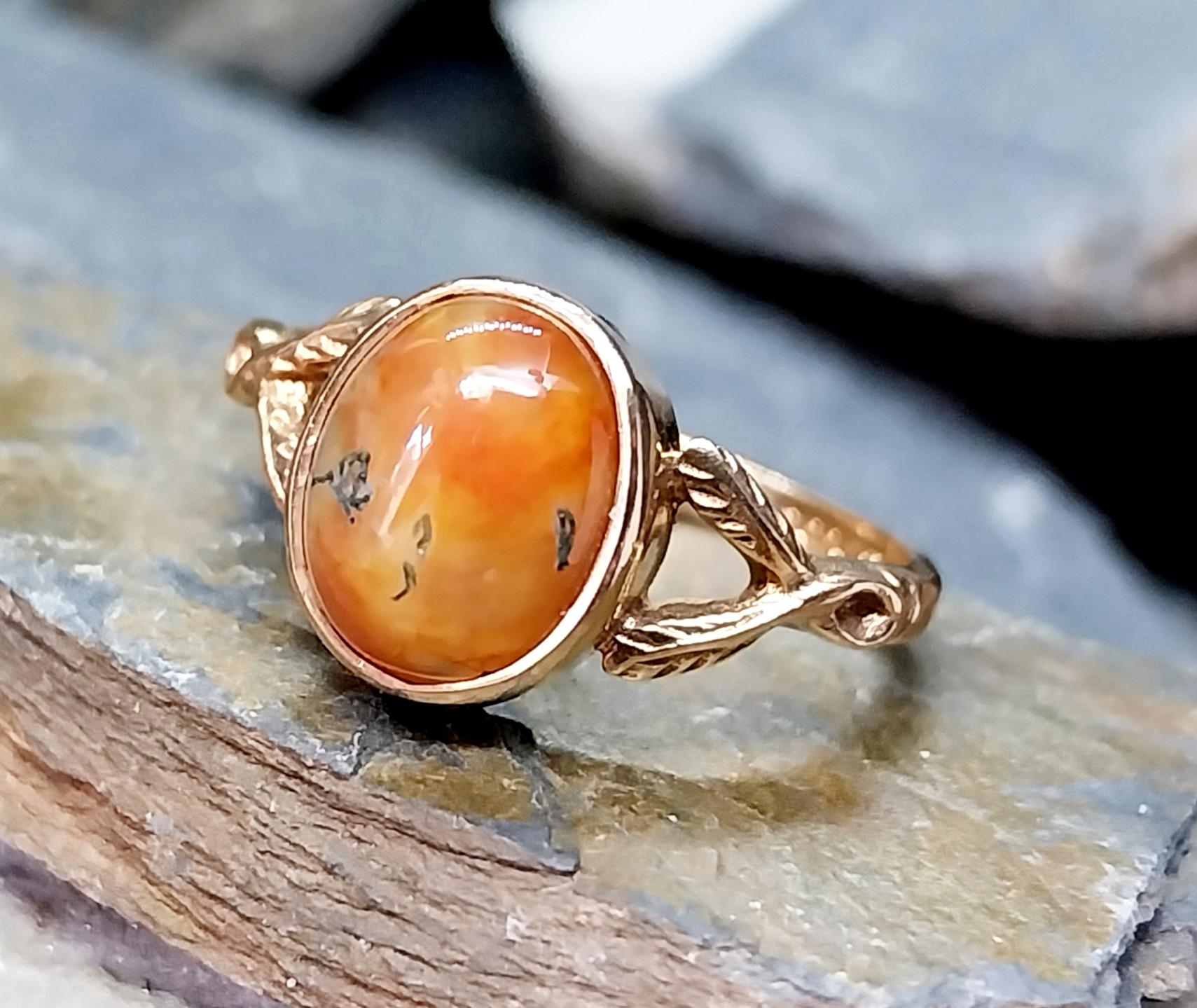 9ct Gold MOSS AGATE Ring - Dendritic - Size uk P (us 7.5) - 3.2g