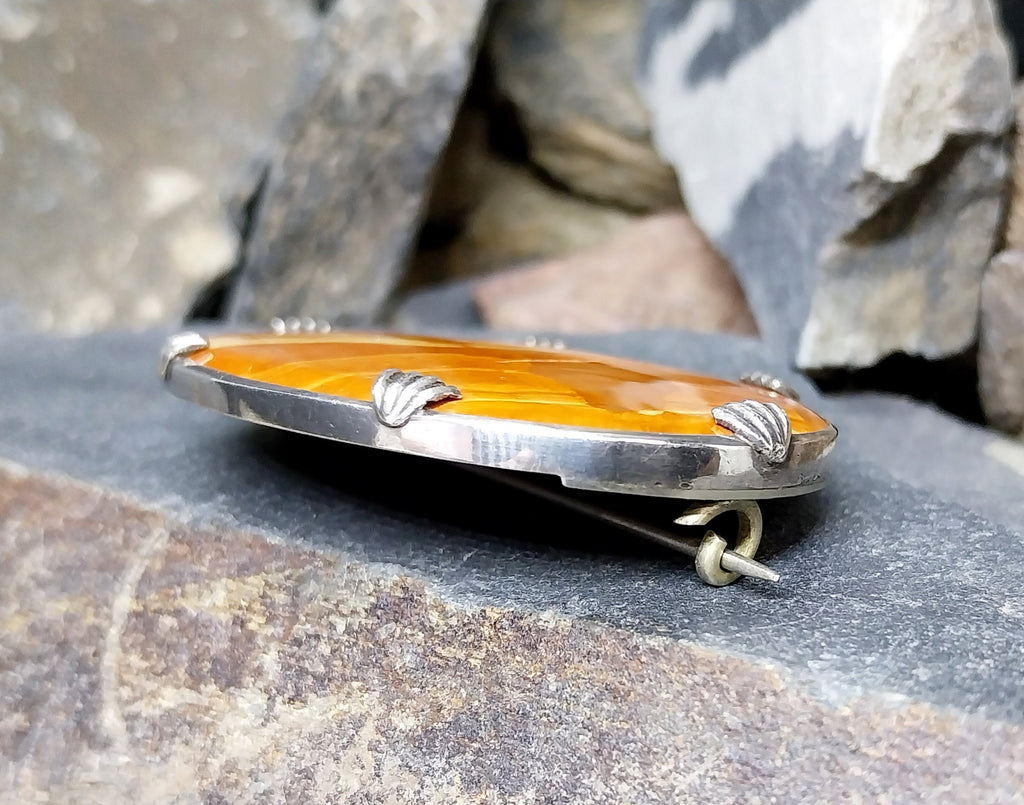 Large Antique Silver Bright Orange Landscape Agate Brooch - 14.9g