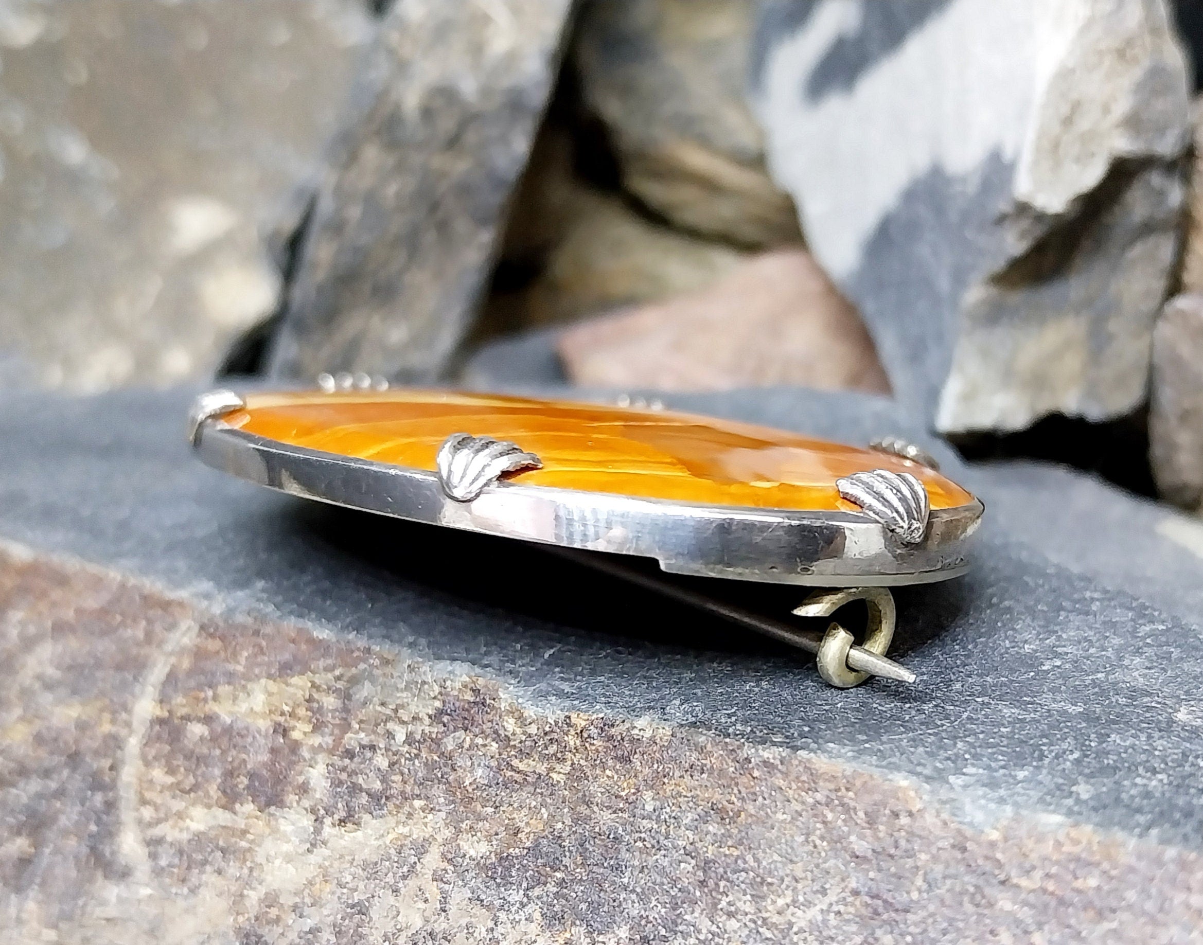 Large Antique Silver Bright Orange Landscape Agate Brooch - 14.9g