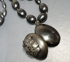 Victorian BOG OAK LOCKET and Bead Necklace with Bacchante Cameo carving