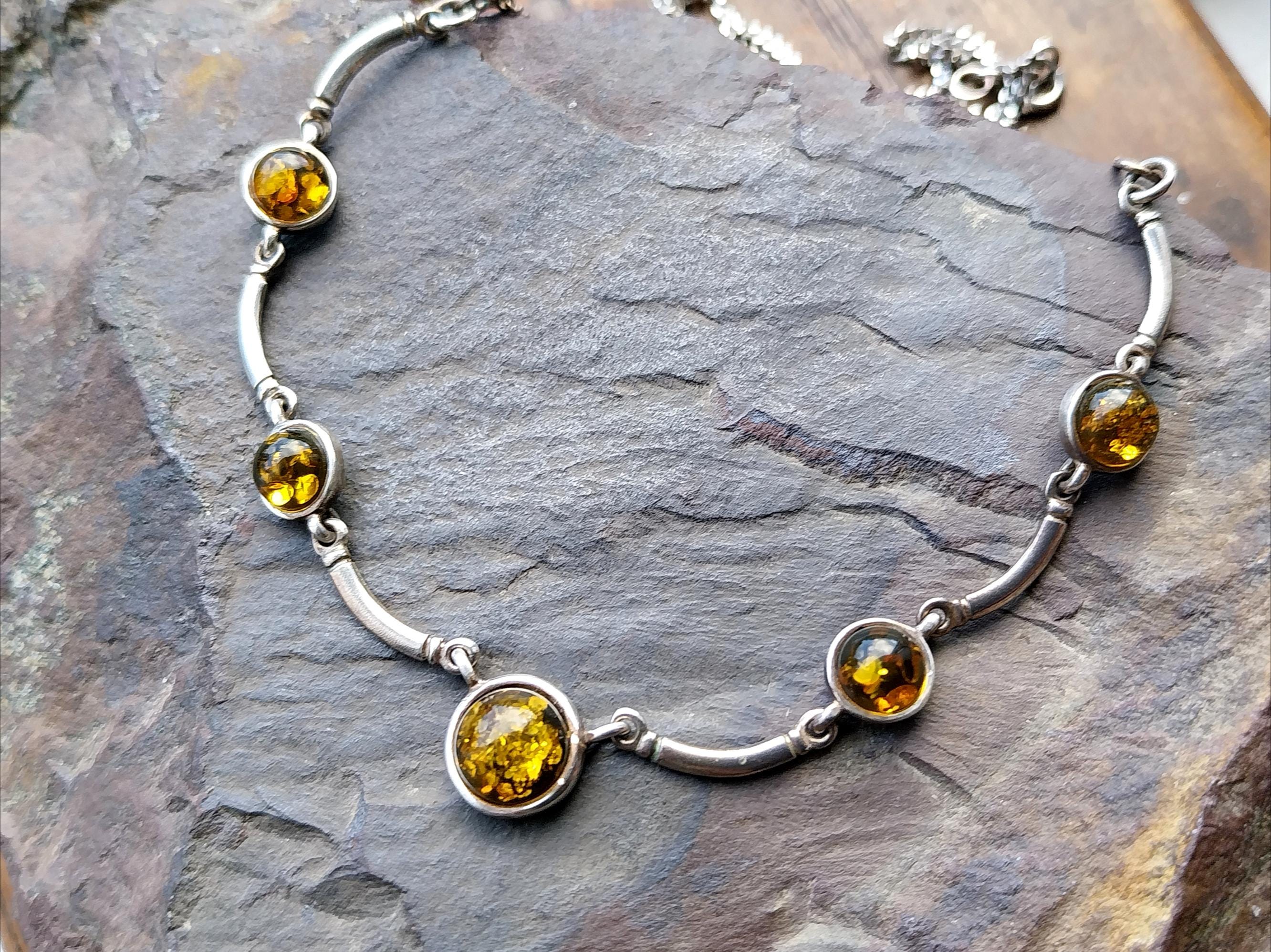 Vintage Sterling Silver Amber Chain Necklace 17" Length - 7g