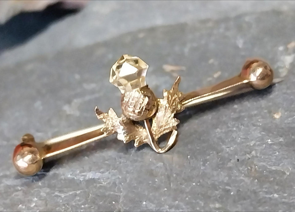 Antique 9ct Gold Thistle and Citrine Bar Brooch - 1.8g