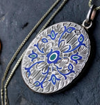 Large Locket Necklace by Danish Echri Cameer, Blue Enamel on 20" chain - 19.7g