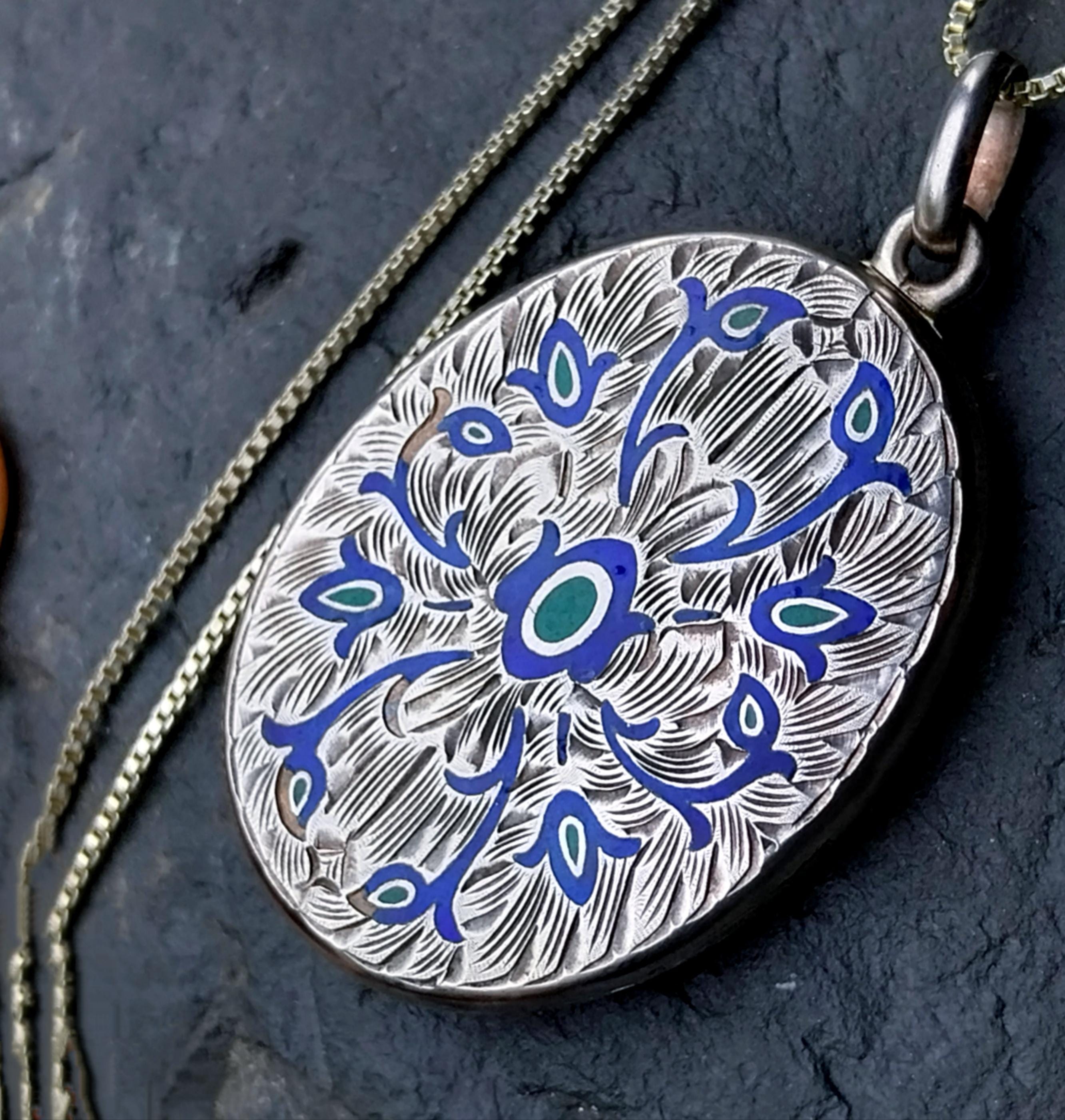 Large Locket Necklace by Danish Echri Cameer, Blue Enamel on 20" chain - 19.7g