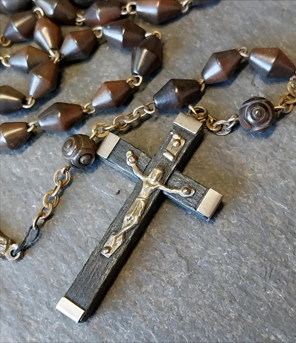 Vintage Italian Wooden ROSARY BEADS with Crucifix - 29" Necklace - 18.3g