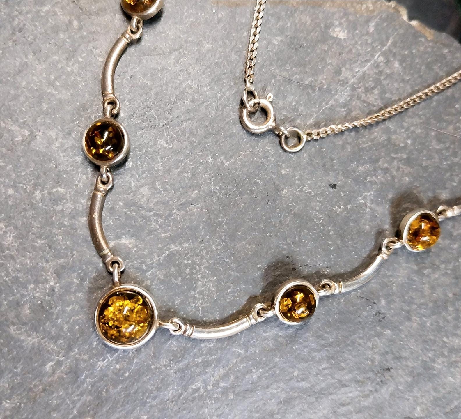 Vintage Sterling Silver Amber Chain Necklace 17" Length - 7g