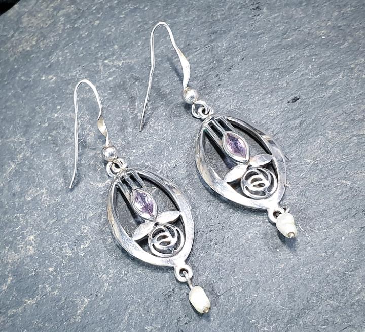 Sterling Silver CELTIC ROSE Dangle Earrings - with Purple amethyst Stone - 4.2g