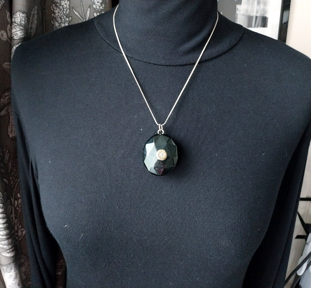 Antique VICTORIAN Whitby JET LOCKET with Seed Pearl Star - on 20" Chain - 27.4g