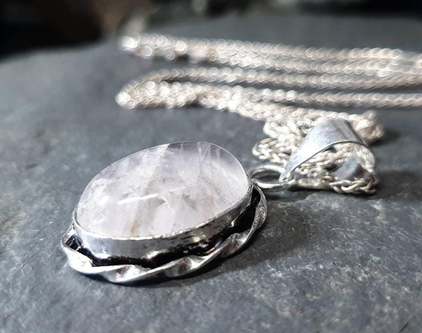 Sterling Silver White Quartz Necklace  on 16" Chain - 6.9g