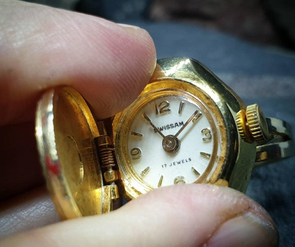 Vintage LOCKET WATCH RING - Butterfly Swissam Gold Plated - Size Adjustable - 12.1g