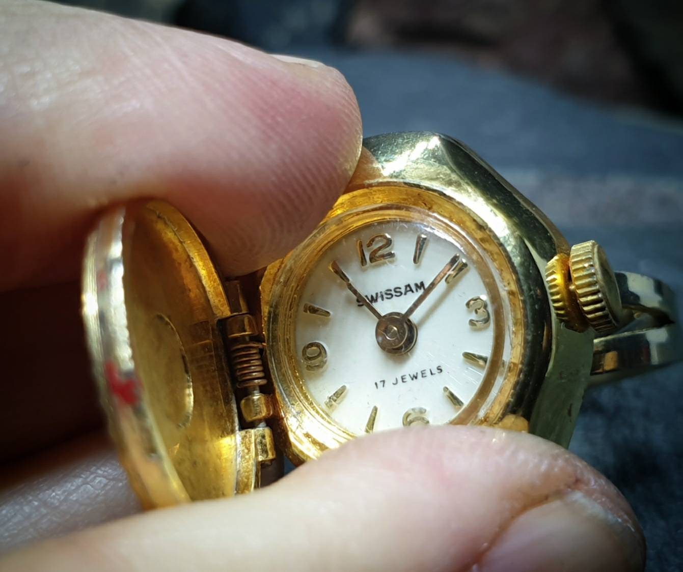 Vintage LOCKET WATCH RING - Butterfly Swissam Gold Plated - Size Adjustable - 12.1g