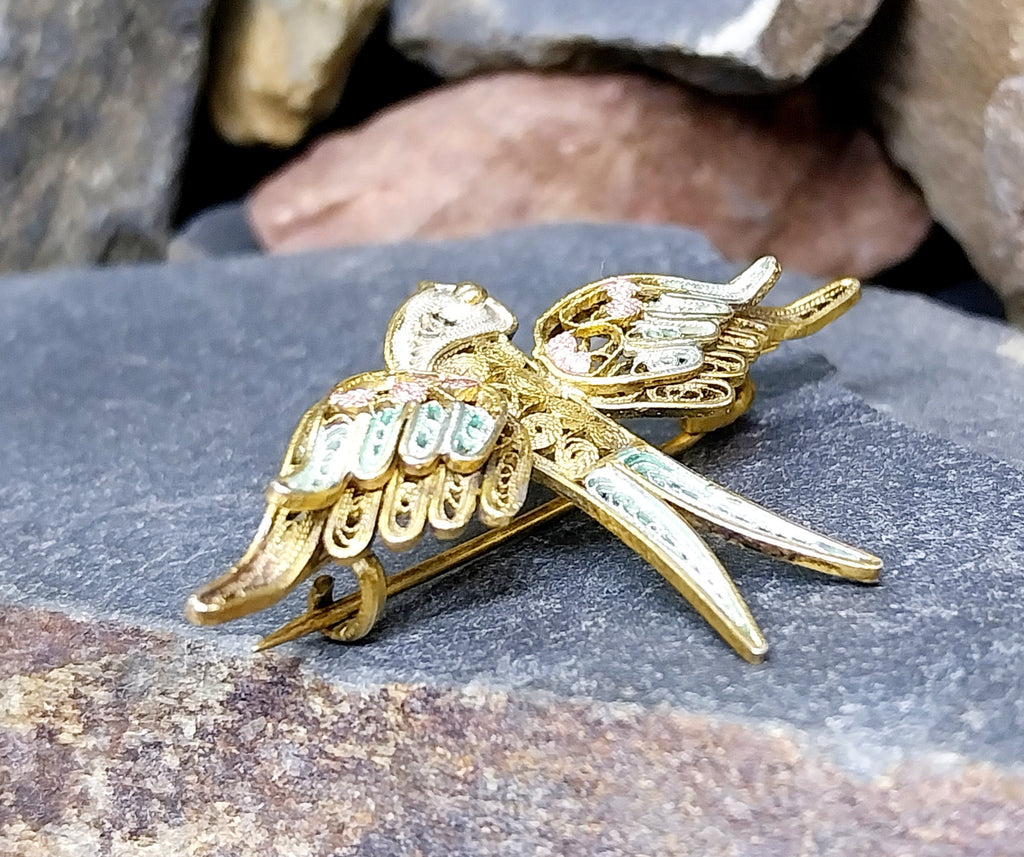 Antique SWALLOW BROOCH Filigree Wire work - Continental Pin - 4.4g