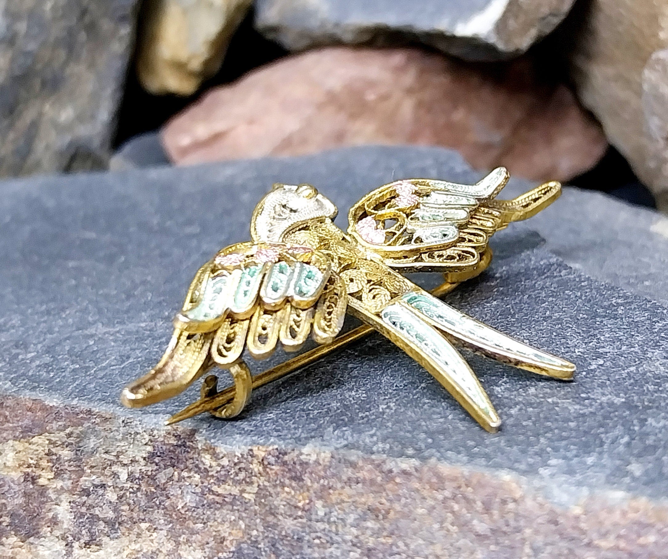 Antique SWALLOW BROOCH Filigree Wire work - Continental Pin - 4.4g