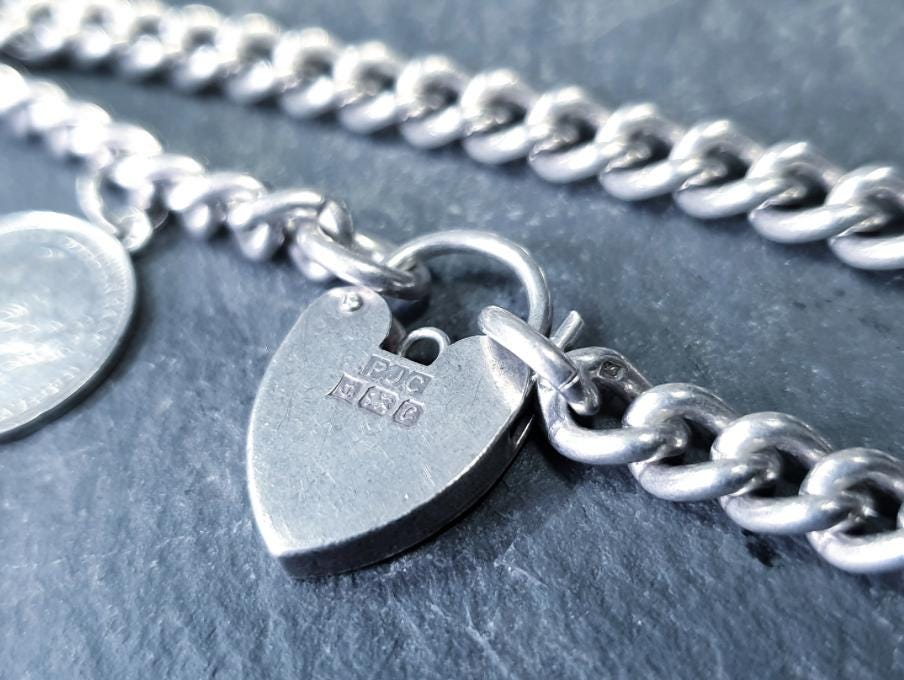 Vintage SILVER LINK BRACELET with 1885 3 Pence Coin Charm 17cm - 19.1g