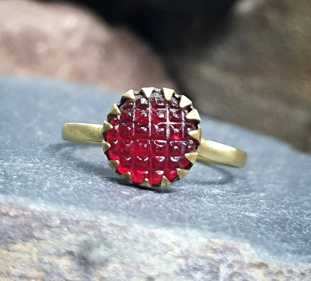Antique Cranberry Glass Gilt RING - Small Size uk H (us 4)