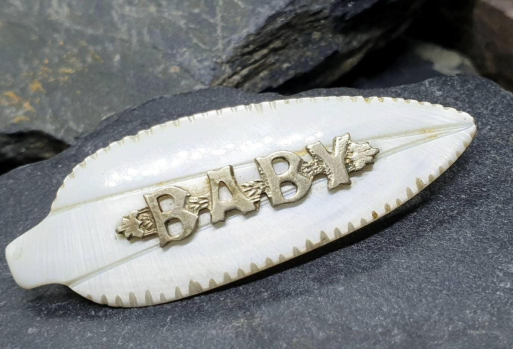 Antique BABY BROOCH - Mother of Pearl with Silver Word - Newborn