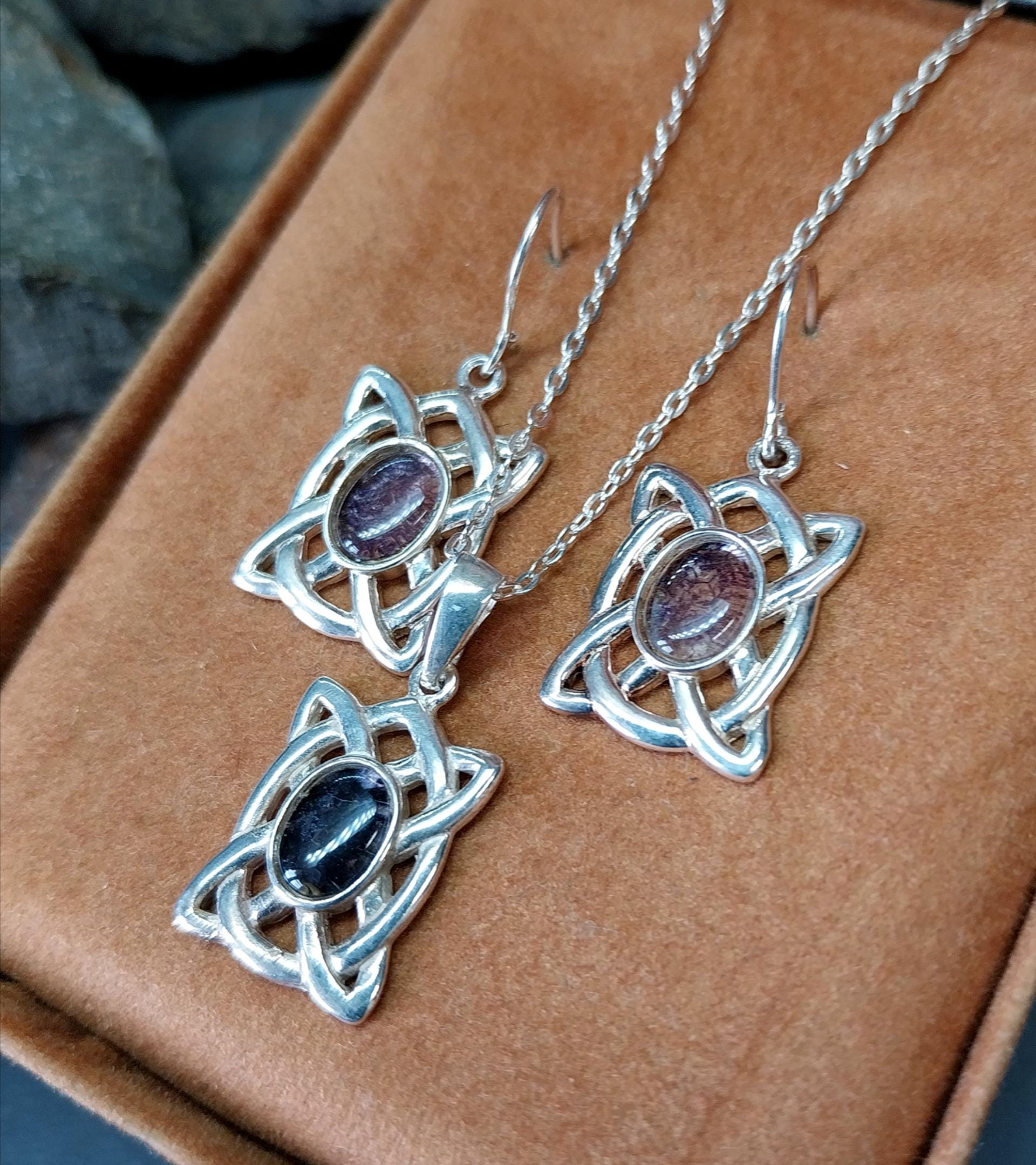 Sterling SILVER Amethyst Necklace and Matching Earrings Gift Set - Celtic Knot - 8.6g
