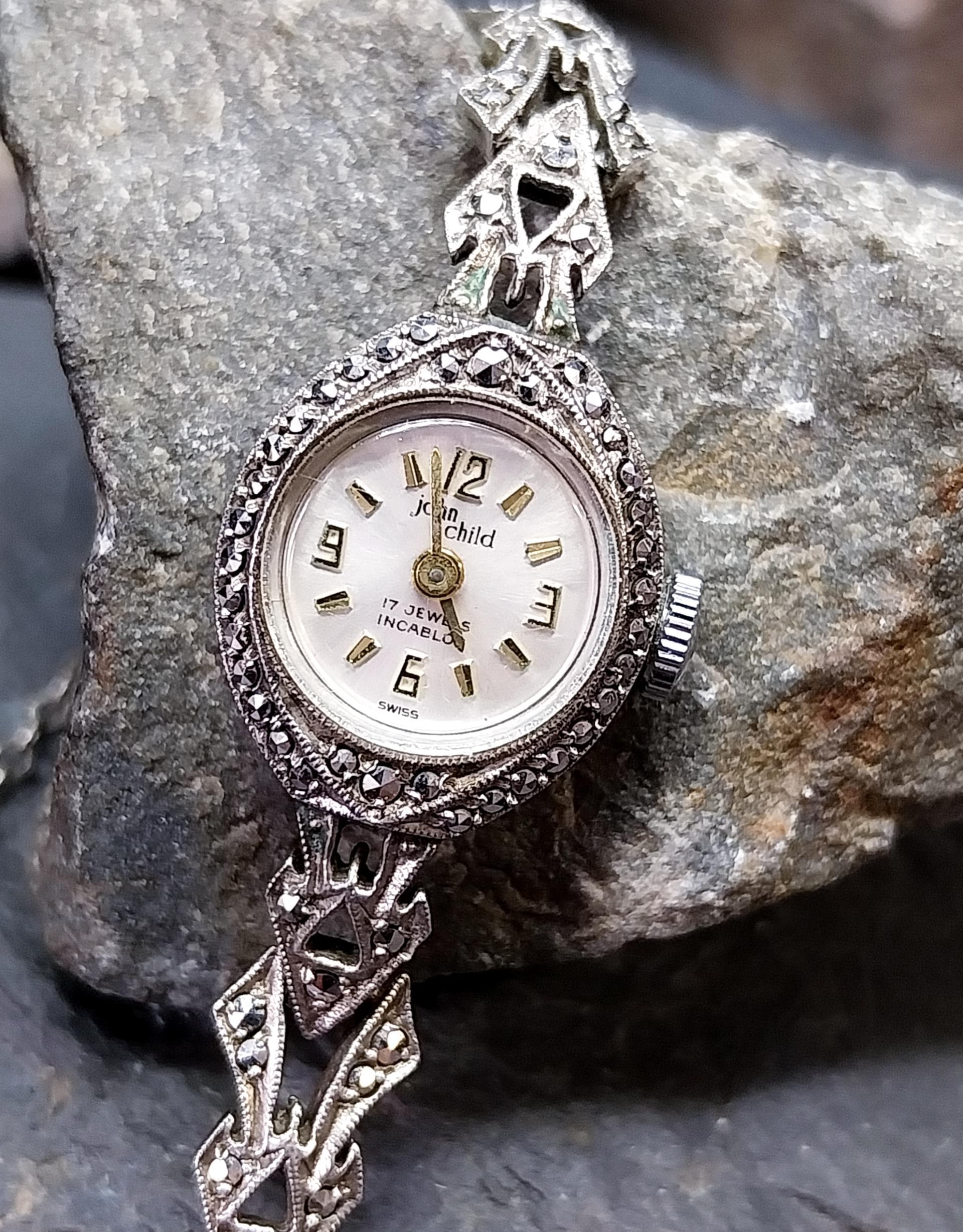 Vintage Sterling Silver Marcasite WATCH - 1960s John Child Hand winding 16cm - 16.5g