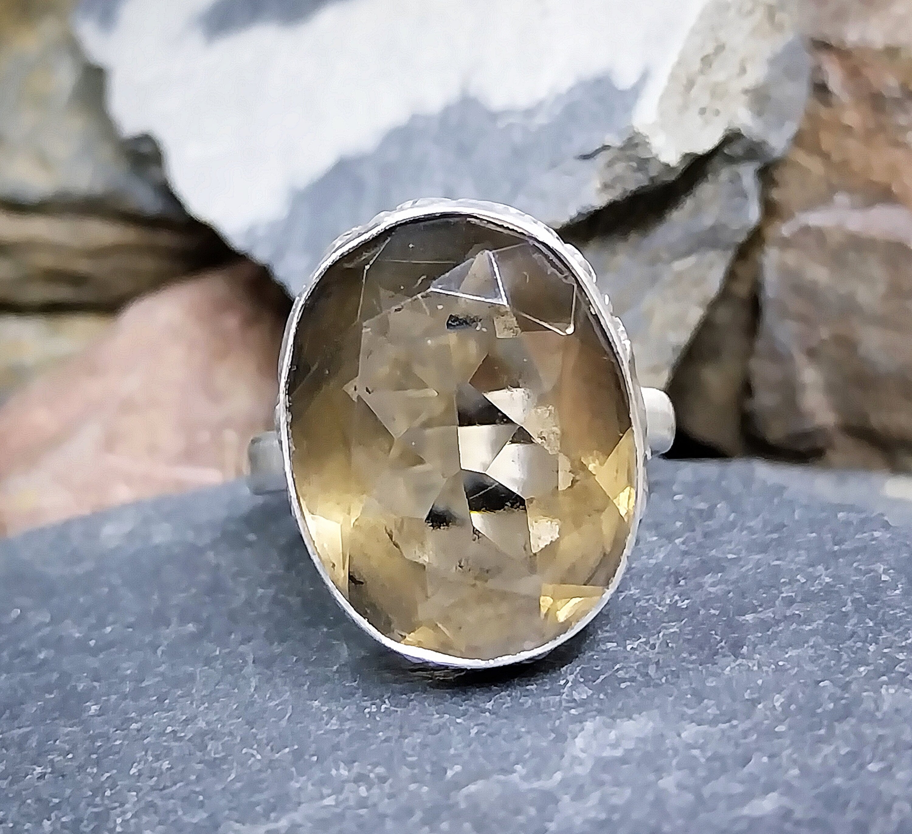 Large Vintage Smoky Quartz RING - Sterling Silver- uk size T (us 9.5) - 8.5g