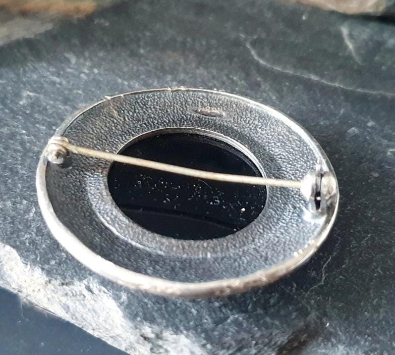 Vintage Black ONYX Brooch - Sterling Silver Swirls - 17.6g