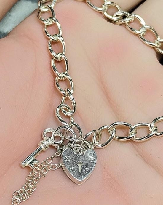 Vintage SILVER LINK BRACELET with Lock and Key - 16cm - 8.8g